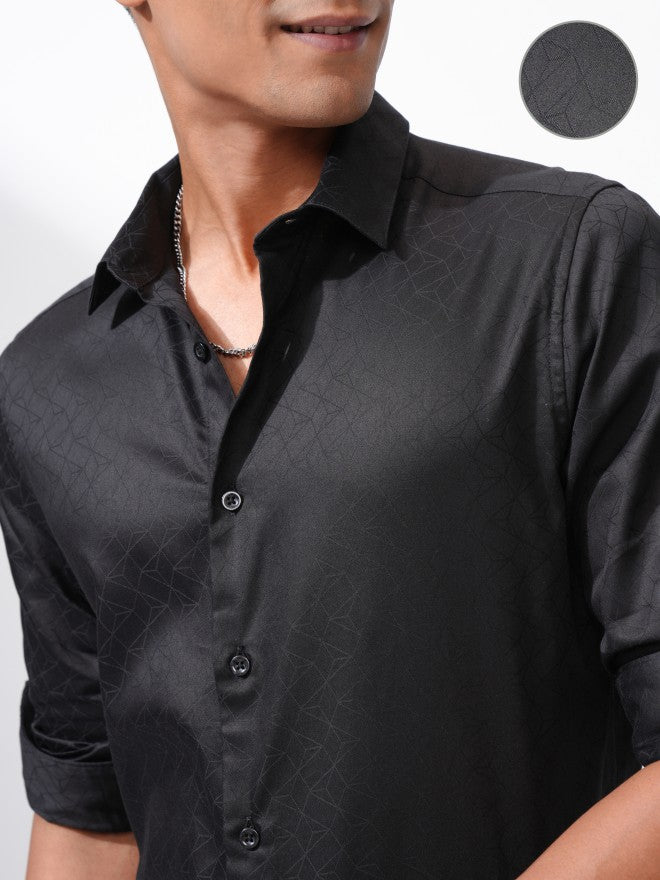 Locomotive Men Black Textured Slim Fit Casual Shirt - Black - Image 5