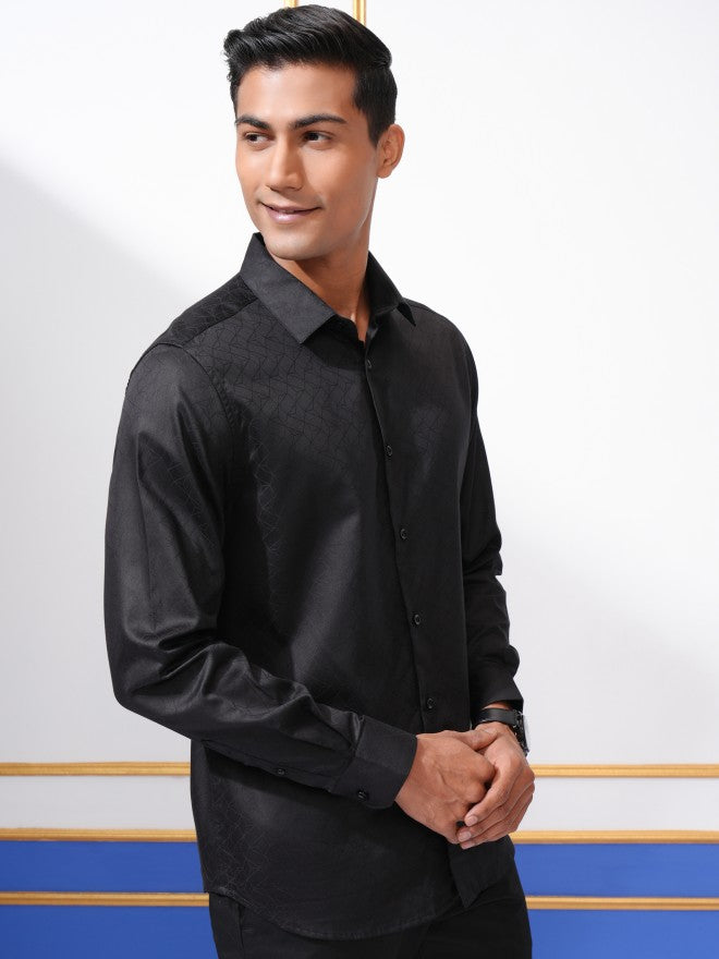 Locomotive Men Black Textured Slim Fit Casual Shirt - Black - Image 6