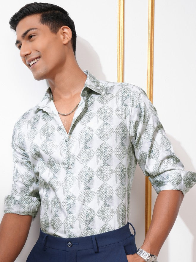 Locomotive Men Green Printed Slim Fit Casual Shirt - Green - Image 4