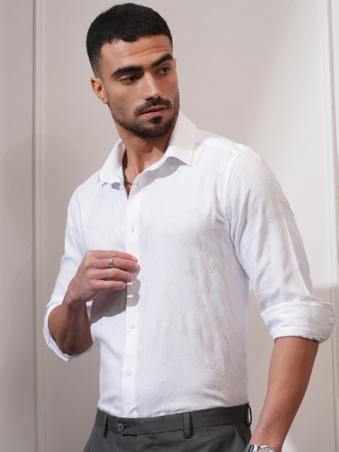 Locomotive Men White Textured Slim Fit Casual Shirt - White - Image 4
