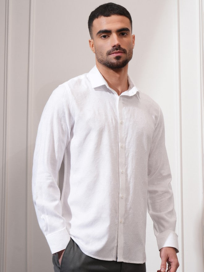 Locomotive Men White Textured Slim Fit Casual Shirt - White - Image 6