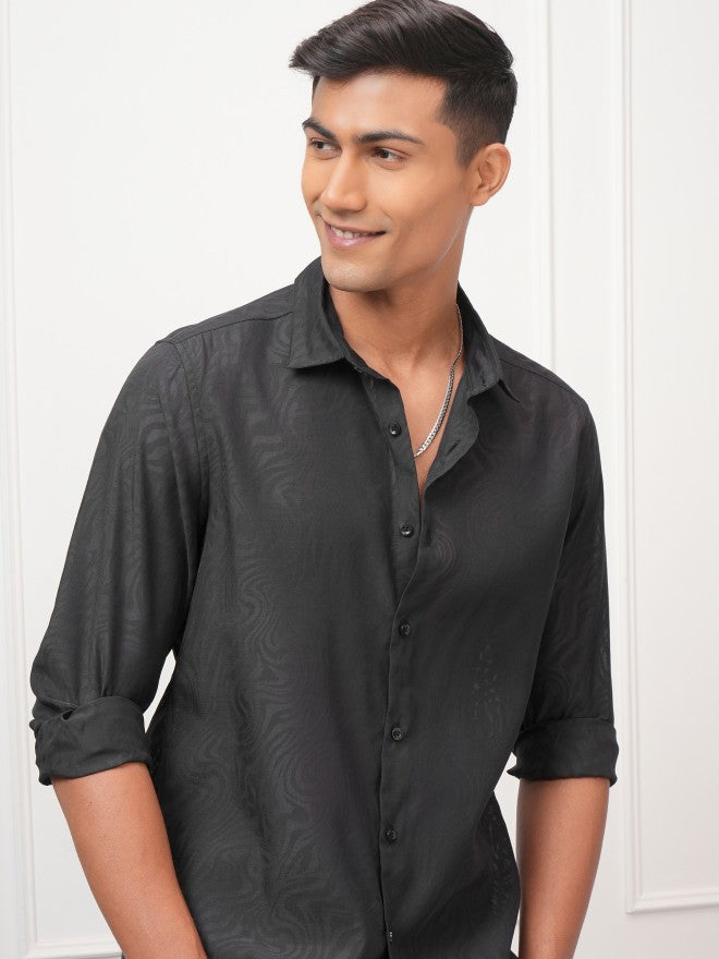 Locomotive Men Black Self Design Regular Fit Casual Shirt - Black - Image 1