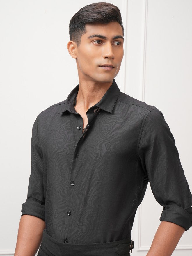 Locomotive Men Black Self Design Regular Fit Casual Shirt - Black - Image 4