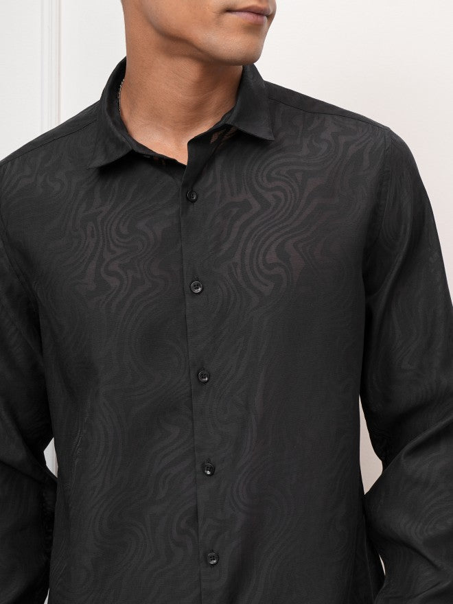 Locomotive Men Black Self Design Regular Fit Casual Shirt - Black - Image 5