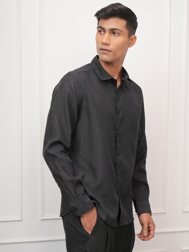 Locomotive Men Black Self Design Regular Fit Casual Shirt - Black - Image 6
