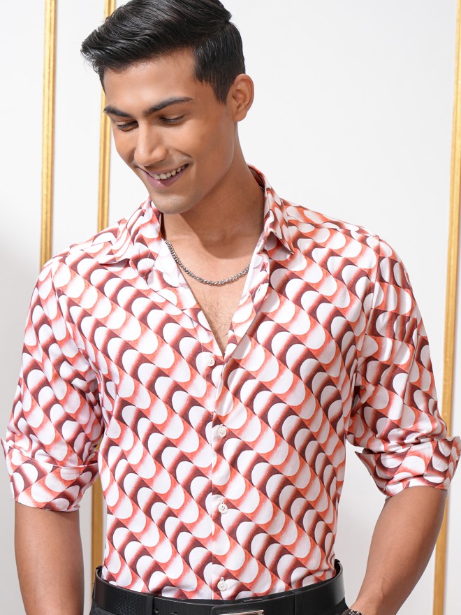 Locomotive Men Red Printed Slim Fit Casual Shirt - Red - Image 1