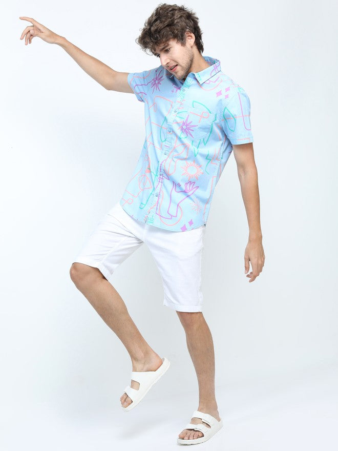 Locomotive Men Blue Printed Slim Fit Casual Shirt - Blue - Image 1