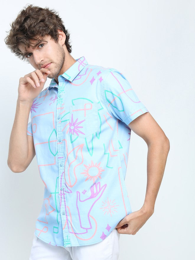 Locomotive Men Blue Printed Slim Fit Casual Shirt - Blue - Image 3