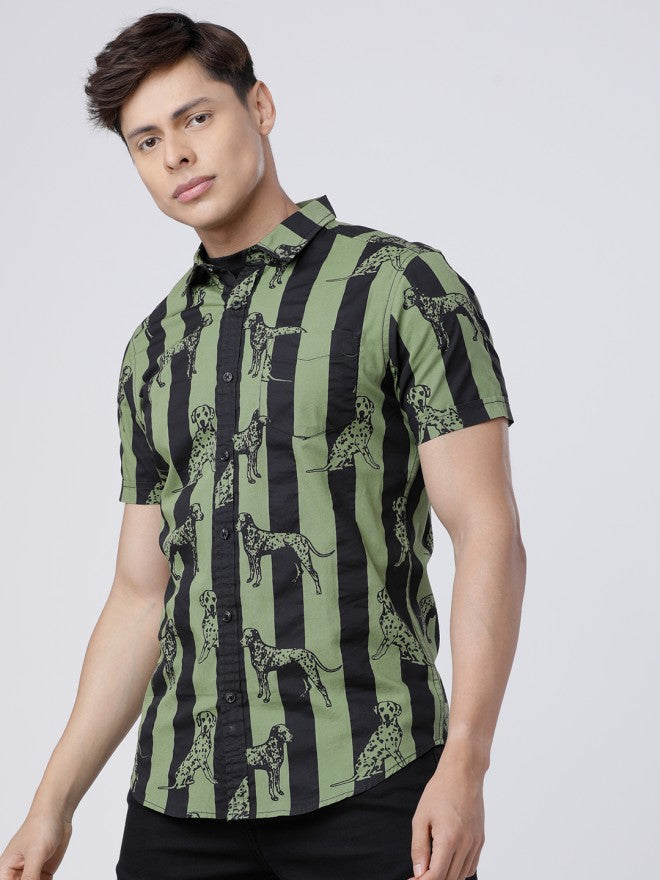 Locomotive Men Olive Printed Slim Fit Casual Shirt - Olive - Image 1