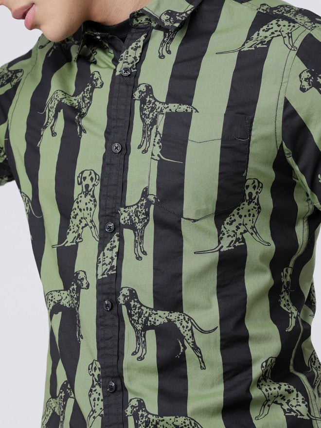 Locomotive Men Olive Printed Slim Fit Casual Shirt - Olive - Image 3