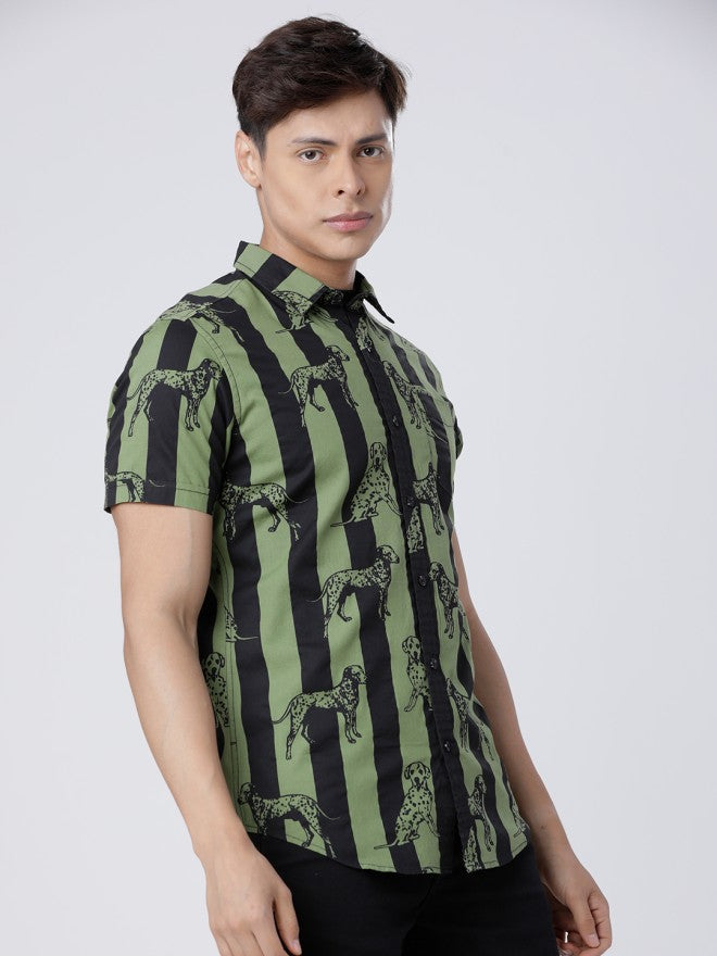 Locomotive Men Olive Printed Slim Fit Casual Shirt - Olive - Image 5
