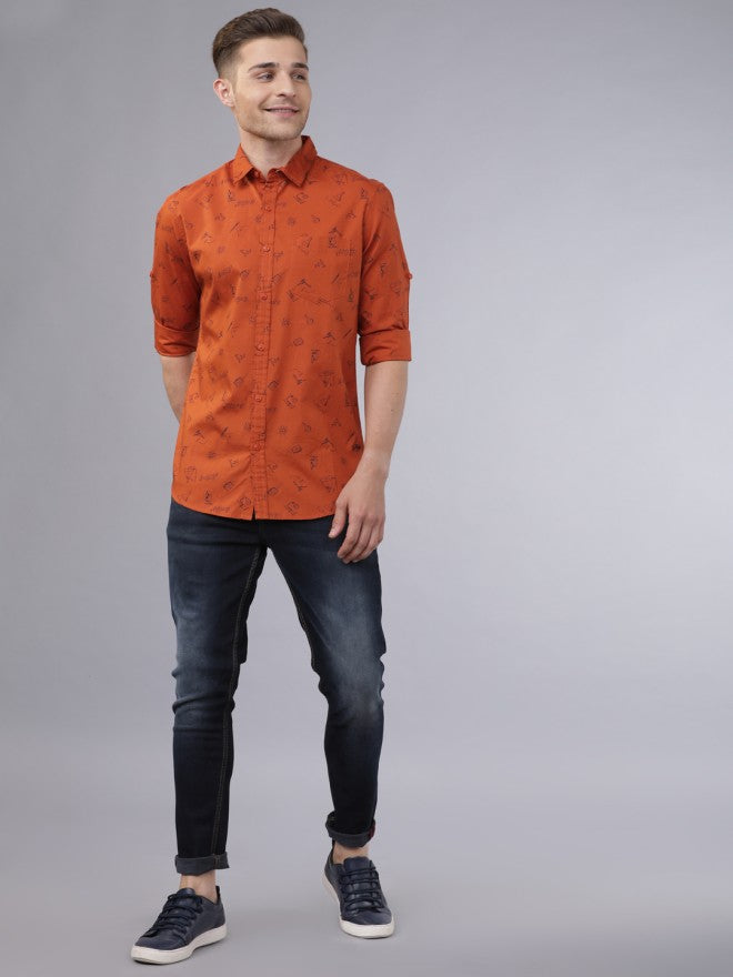 Locomotive Men Rust Printed Slim Fit Casual Shirt - Rust - Image 4