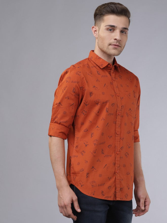 Locomotive Men Rust Printed Slim Fit Casual Shirt - Rust - Image 5