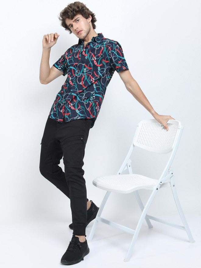 Locomotive Men Black Printed Slim Fit Casual Shirt - Black - Image 1