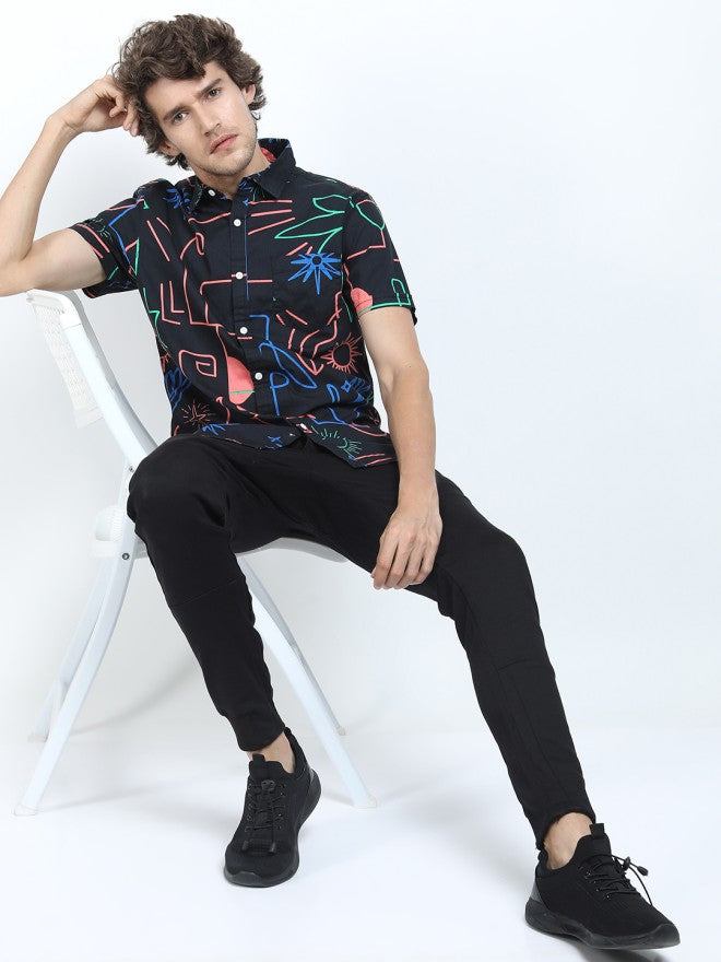 Locomotive Men Black Printed Slim Fit Casual Shirt - Black - Image 1