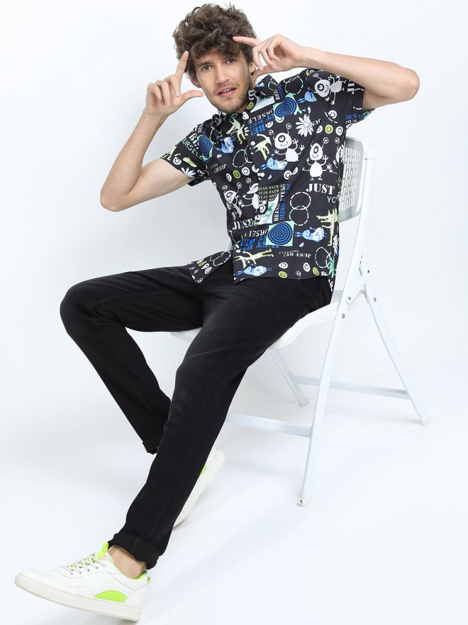 Locomotive Men Black Printed Slim Fit Casual Shirt - Black - Image 1