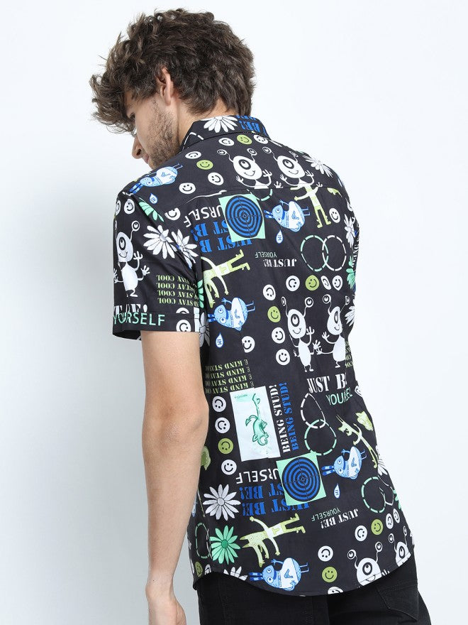 Locomotive Men Black Printed Slim Fit Casual Shirt - Black - Image 2