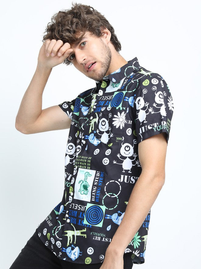 Locomotive Men Black Printed Slim Fit Casual Shirt - Black - Image 3