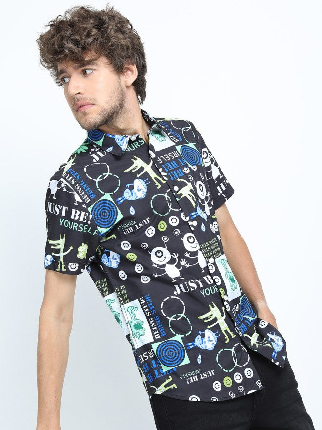 Locomotive Men Black Printed Slim Fit Casual Shirt - Black - Image 5