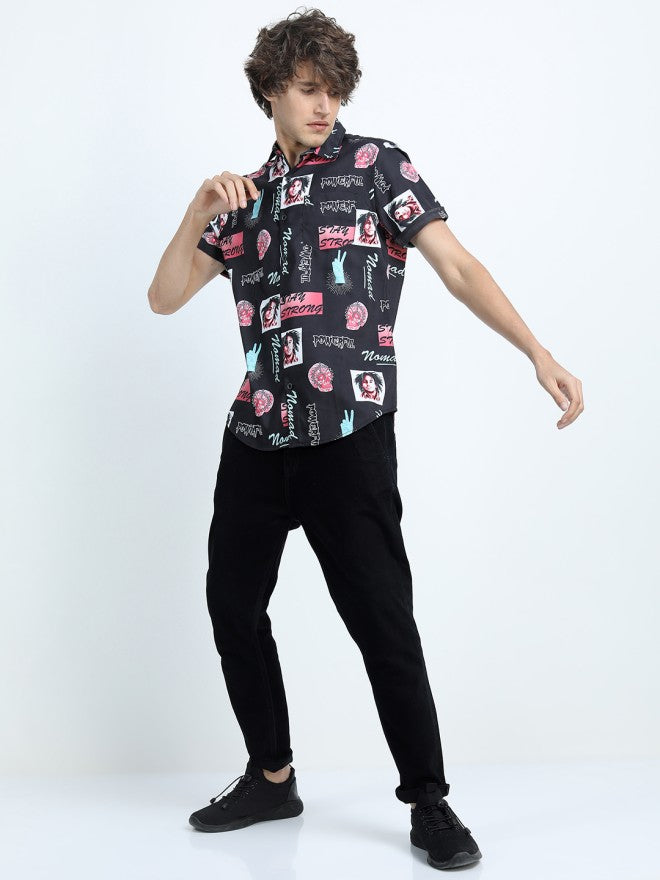 Locomotive Men Black Printed Slim Fit Casual Shirt - Black - Image 4