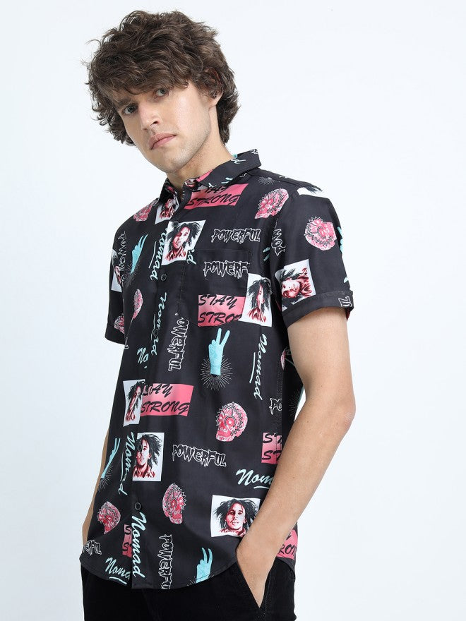 Locomotive Men Black Printed Slim Fit Casual Shirt - Black - Image 5