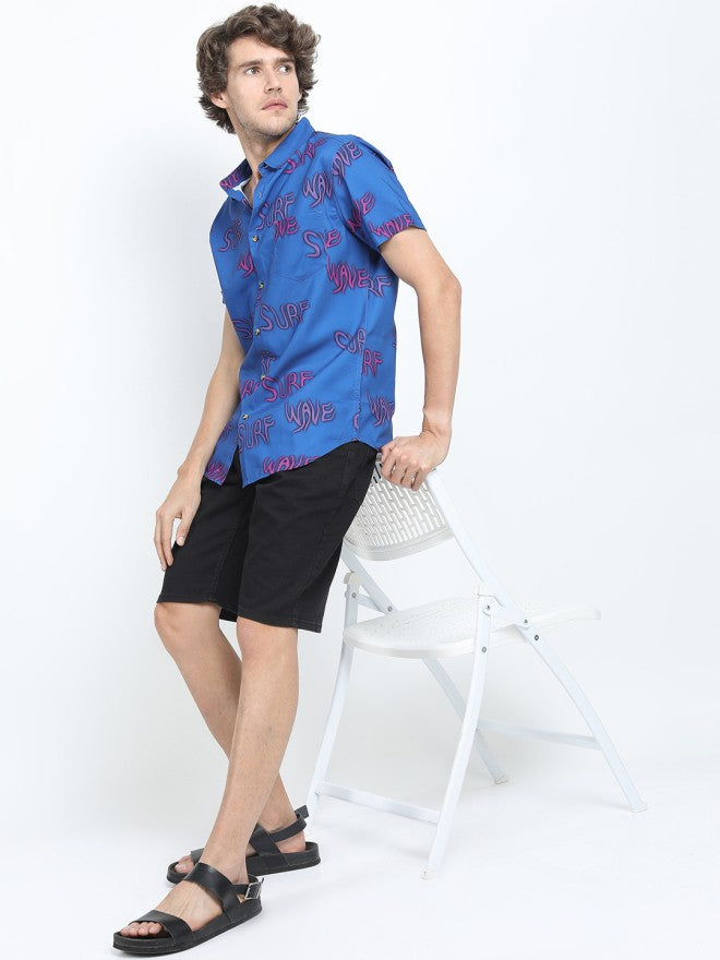 Locomotive Men Blue Printed Slim Fit Casual Shirt - Blue - Image 1