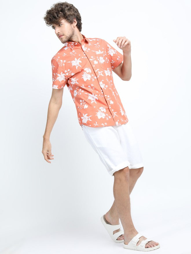 Locomotive Men Orange Printed Slim Fit Casual Shirt - Orange - Image 1