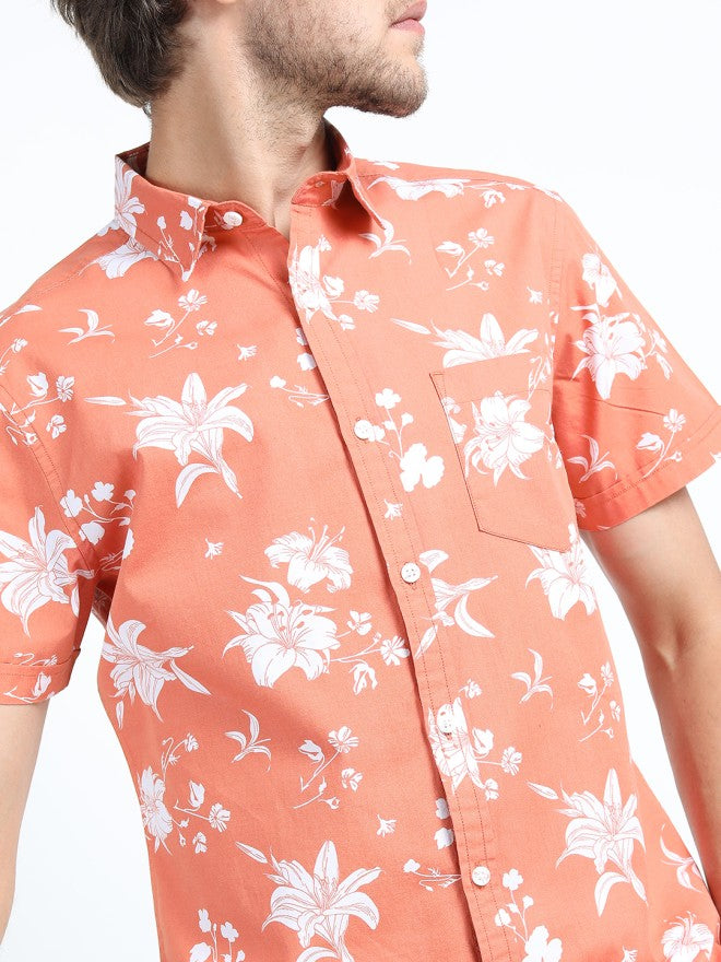 Locomotive Men Orange Printed Slim Fit Casual Shirt - Orange - Image 3