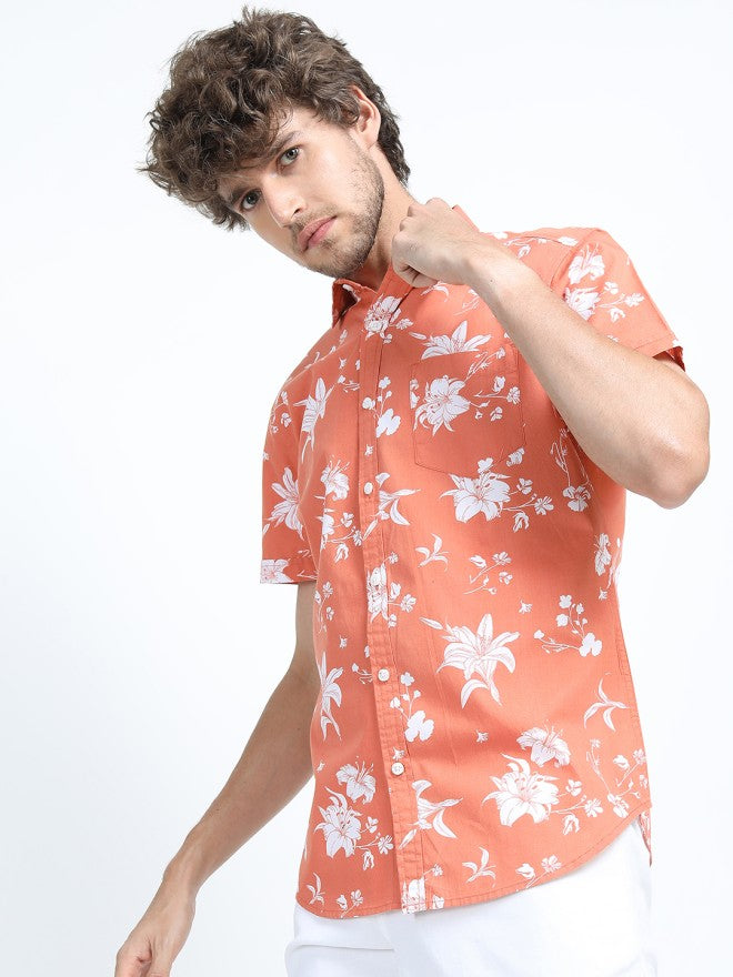 Locomotive Men Orange Printed Slim Fit Casual Shirt - Orange - Image 4