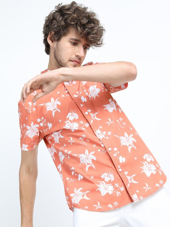 Locomotive Men Orange Printed Slim Fit Casual Shirt - Orange - Image 5