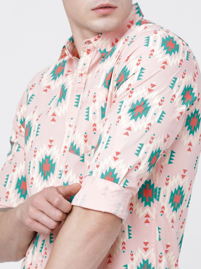Locomotive Men Coral Printed Slim Fit Casual Shirt - Coral - Image 3