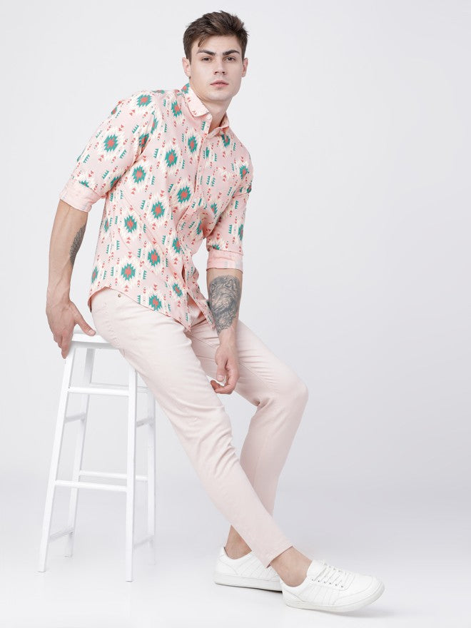 Locomotive Men Coral Printed Slim Fit Casual Shirt - Coral - Image 4