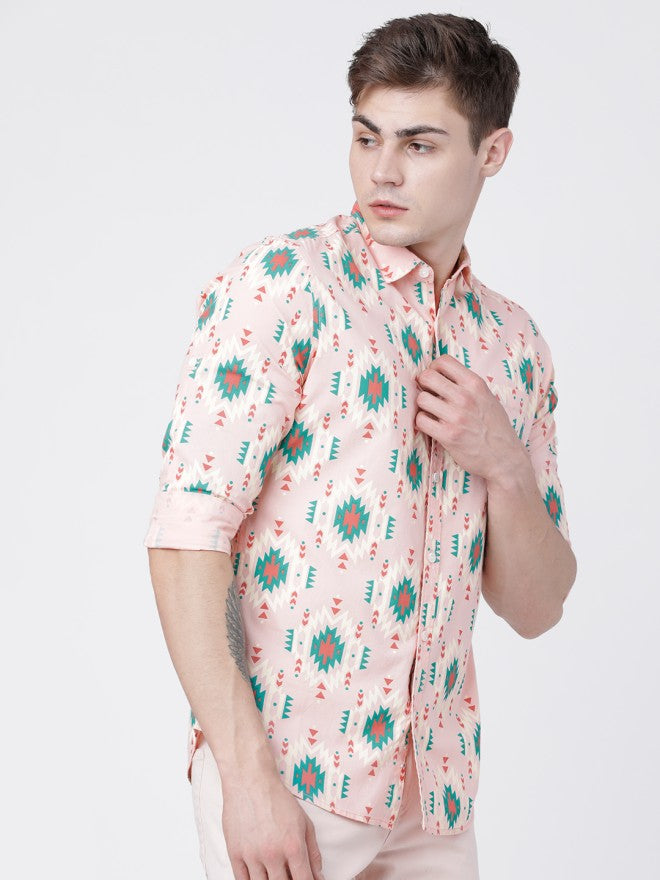 Locomotive Men Coral Printed Slim Fit Casual Shirt - Coral - Image 5