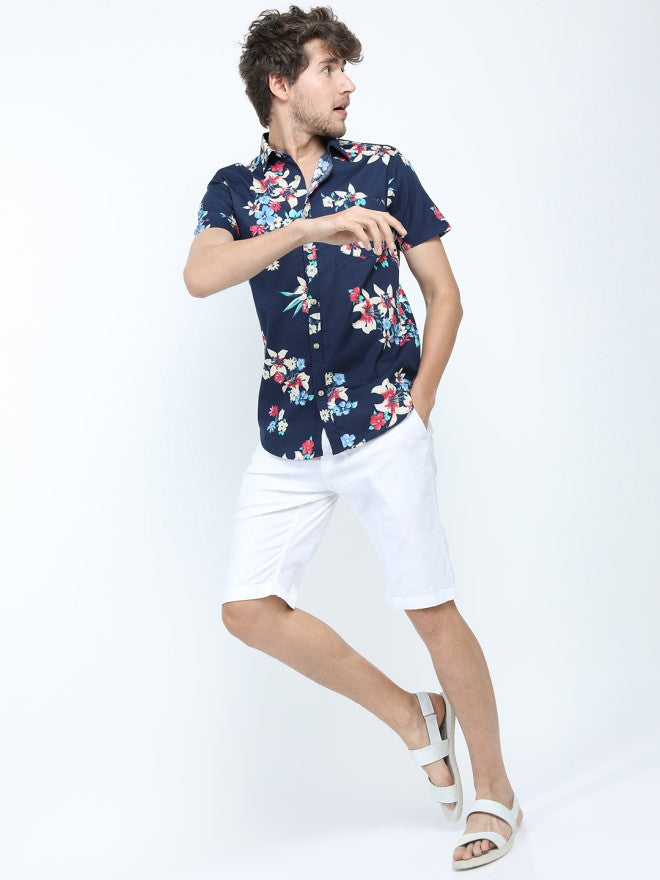 Locomotive Men Navy Blue Printed Slim Fit Casual Shirt - Navy Blue - Image 1