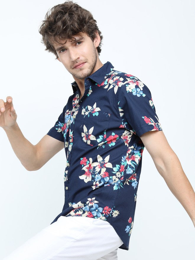 Locomotive Men Navy Blue Printed Slim Fit Casual Shirt - Navy Blue - Image 3