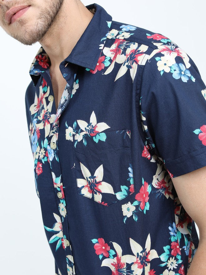 Locomotive Men Navy Blue Printed Slim Fit Casual Shirt - Navy Blue - Image 4
