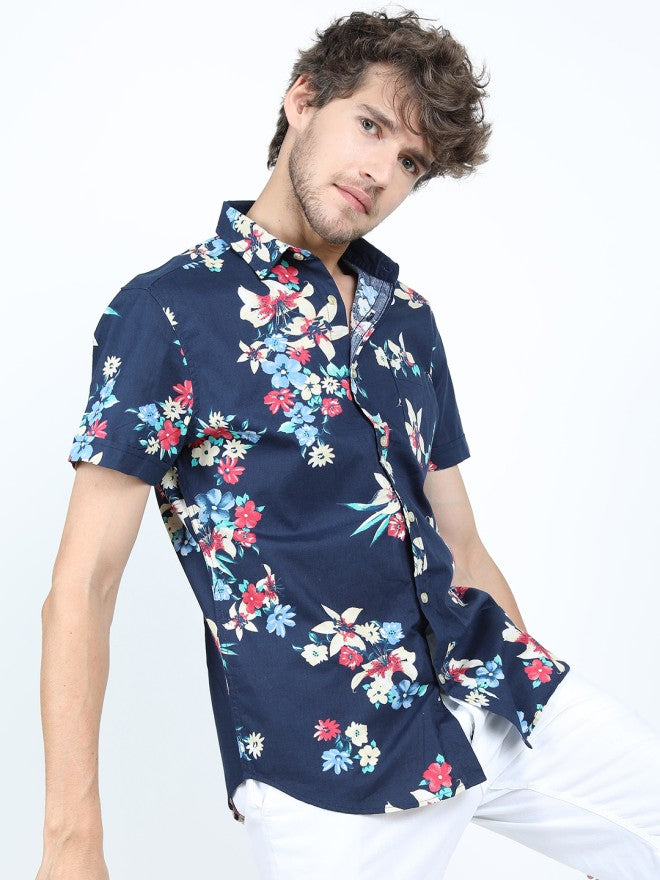 Locomotive Men Navy Blue Printed Slim Fit Casual Shirt - Navy Blue - Image 5