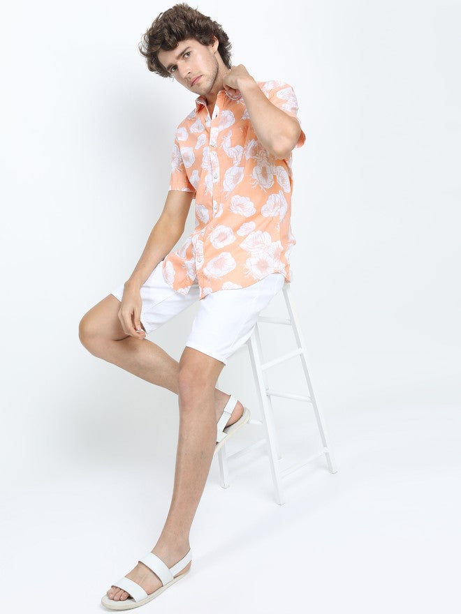 Locomotive Men Coral Printed Slim Fit Casual Shirt - Coral - Image 1