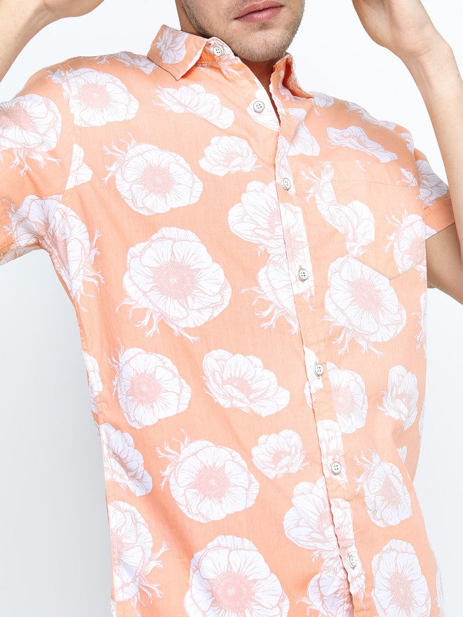 Locomotive Men Coral Printed Slim Fit Casual Shirt - Coral - Image 3