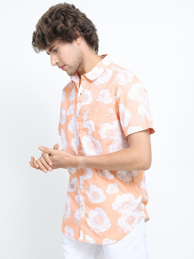 Locomotive Men Coral Printed Slim Fit Casual Shirt - Coral - Image 4