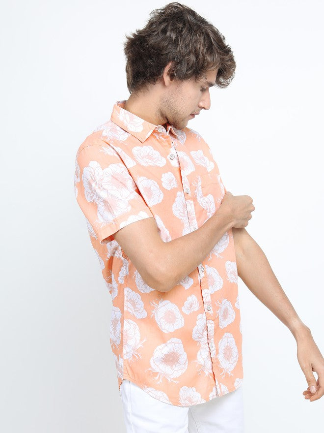 Locomotive Men Coral Printed Slim Fit Casual Shirt - Coral - Image 5
