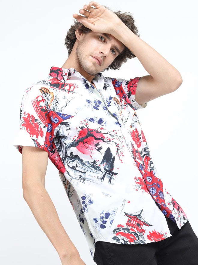 Locomotive Men Red Printed Slim Fit Casual Shirt - Red - Image 5