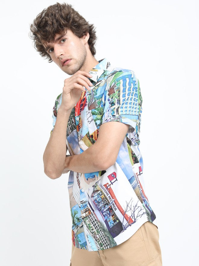 Locomotive Men White Printed Slim Fit Casual Shirt - White - Image 4