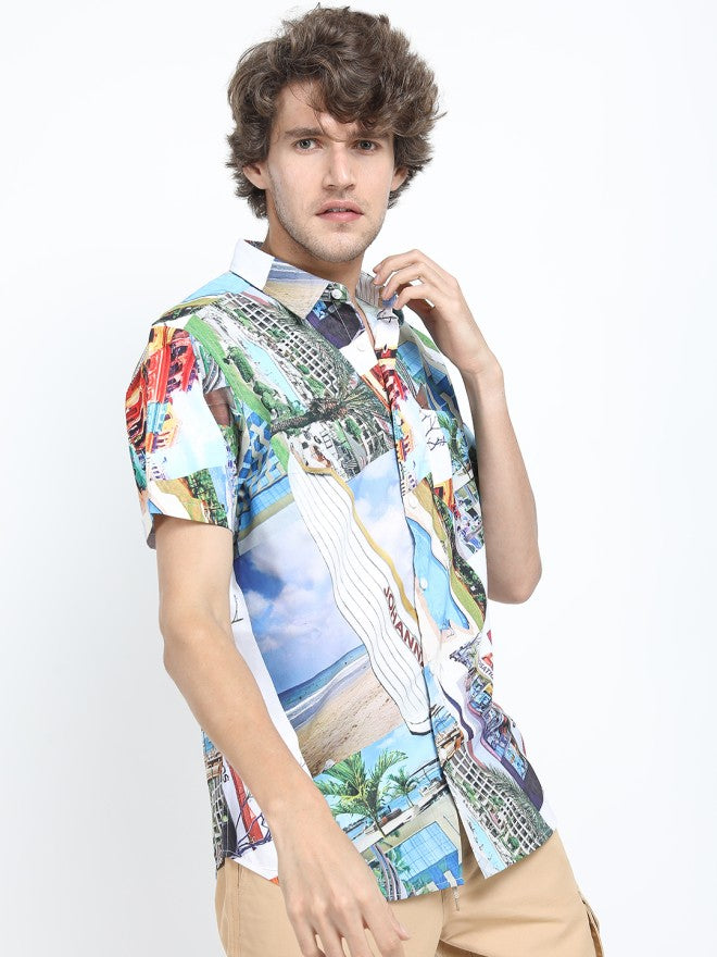 Locomotive Men White Printed Slim Fit Casual Shirt - White - Image 5