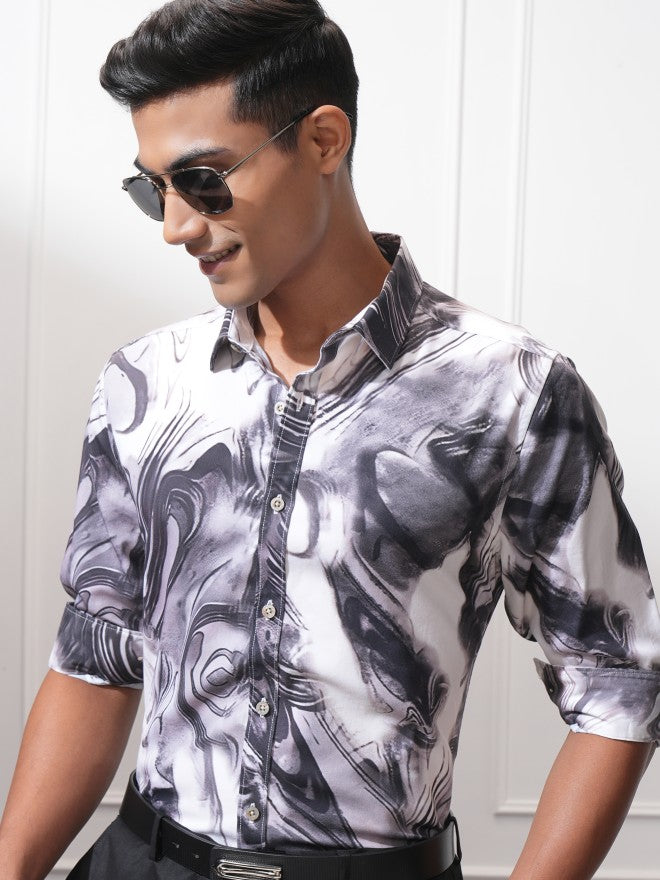 Locomotive Men Mauve Printed Slim Fit Casual Shirt - Charcoal - Image 1