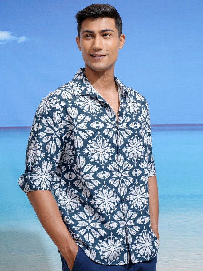Locomotive Men Teal Printed Relaxed Fit Casual Shirt - Teal - Image 6