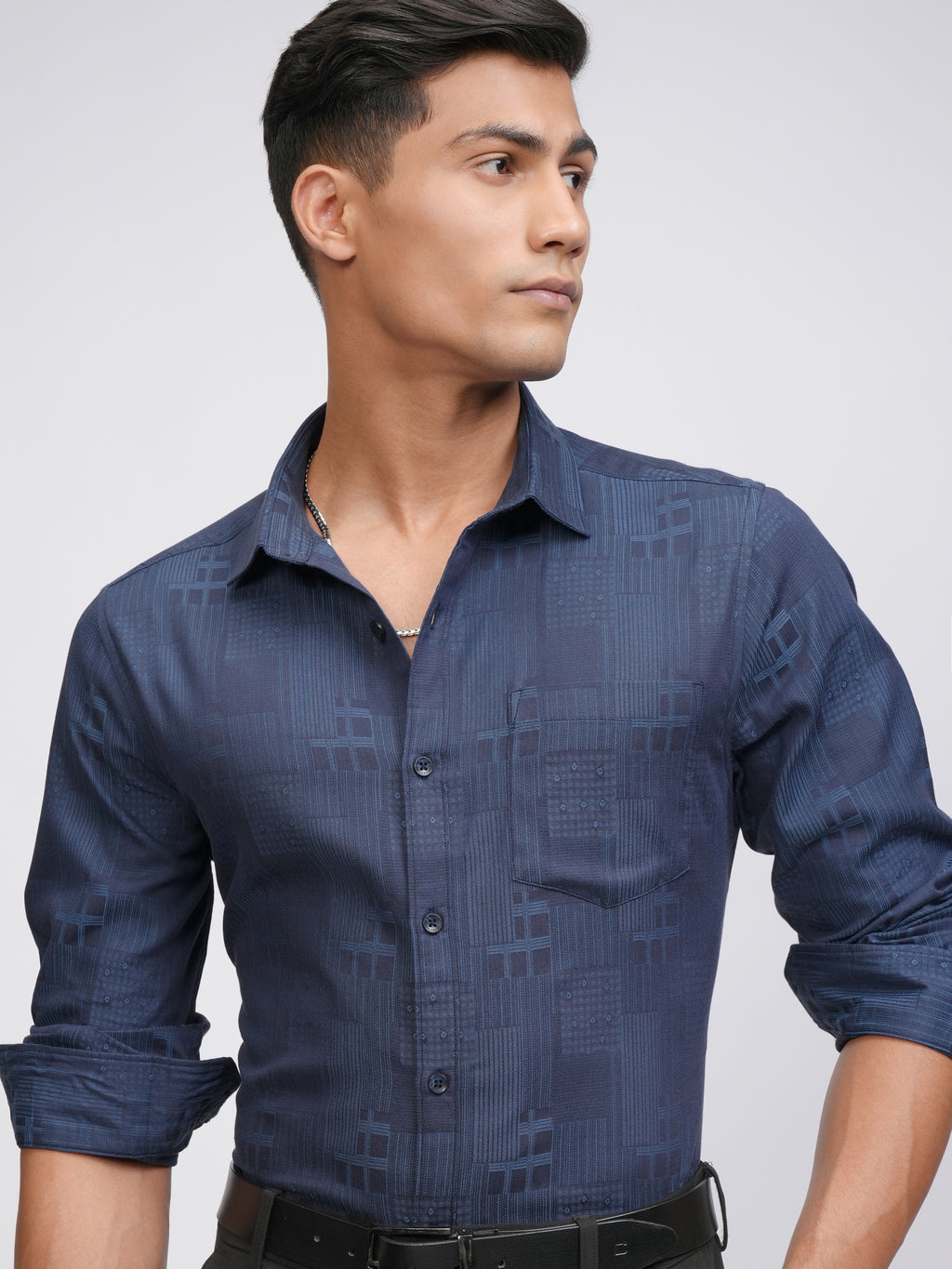Locomotive Men Blue Self Design Slim Fit Casual Shirt - Blue - Image 1