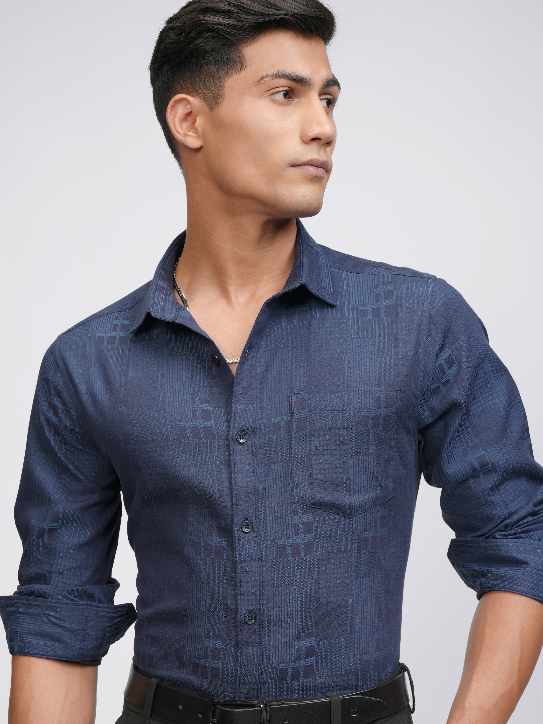Locomotive Men Blue Self Design Slim Fit Casual Shirt - Blue - Image 1