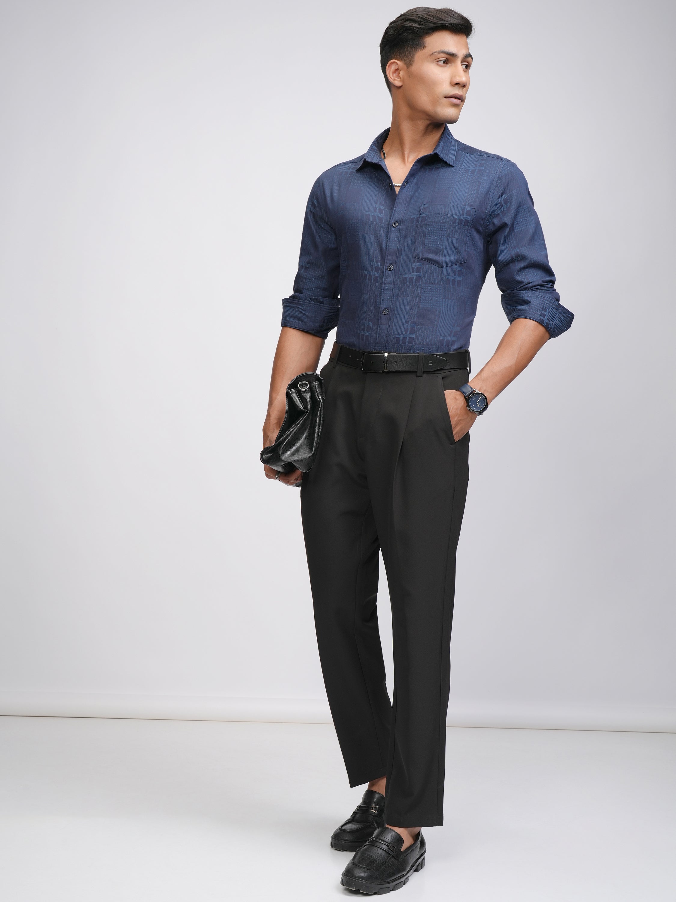Locomotive Men Blue Self Design Slim Fit Casual Shirt - Blue - Image 2