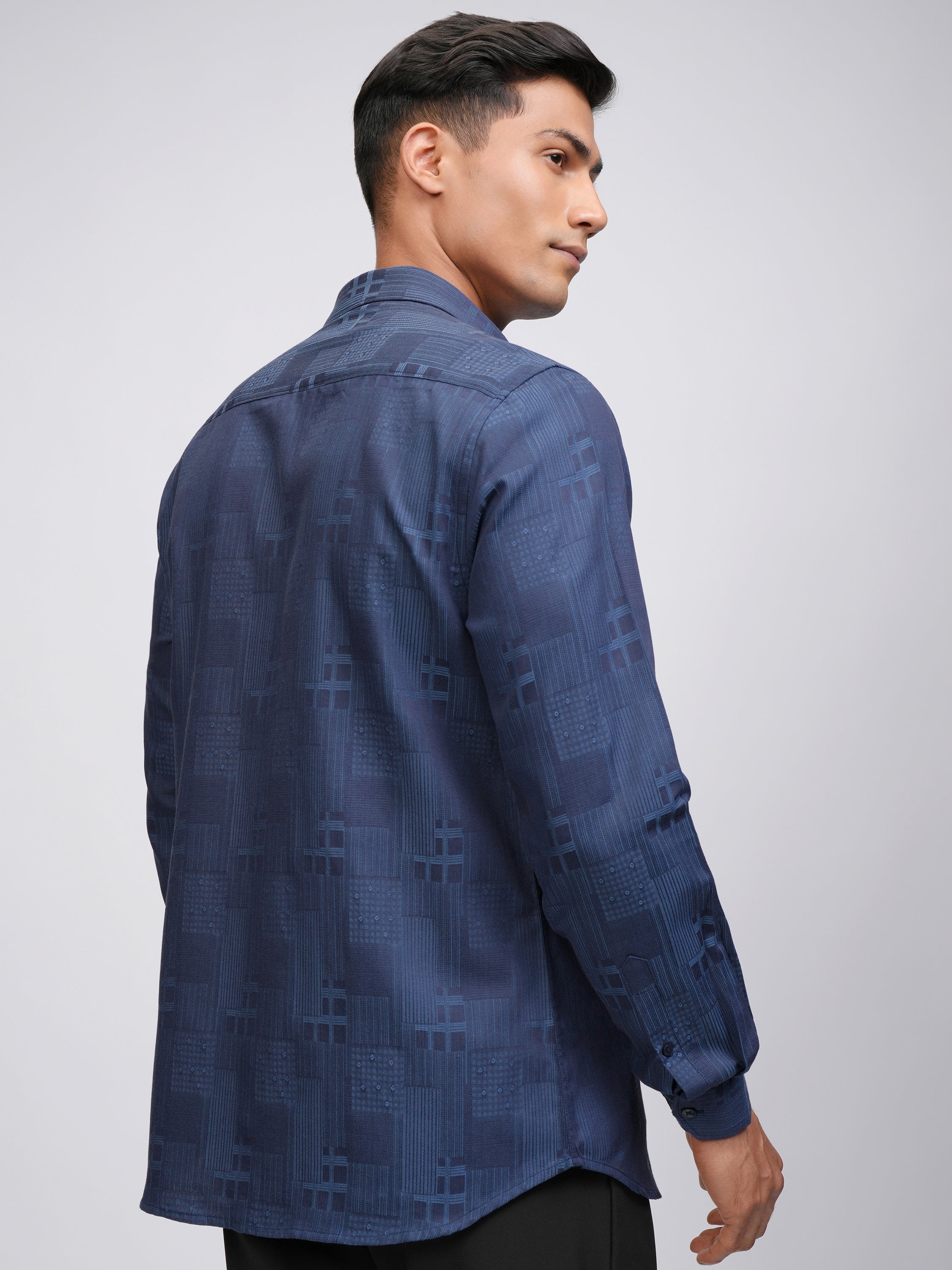Locomotive Men Blue Self Design Slim Fit Casual Shirt - Blue - Image 3